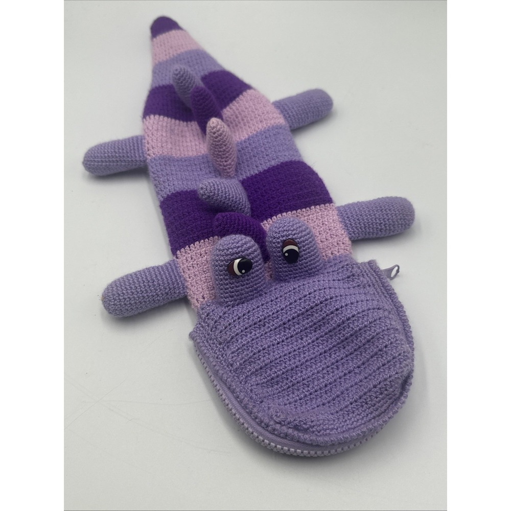 Handmade Crochet Dinosaur Dragon Zip Pouch Coin‎ Purse Bag Purple Stripe Cute